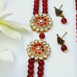 Exquisite double-strand red bead necklace with ear rings set-JSBE0005