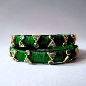 Royal Green Silk Thread Bangles with Kundan Work – Handcrafted Elegance-BA0001