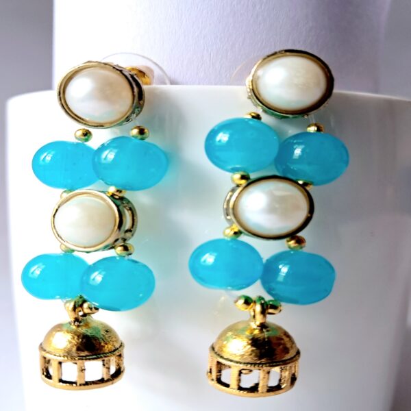 Handmade Pearl & Turquoise Beaded Jhumka Earrings – Elegant & Traditional Jewelry - EABE0011