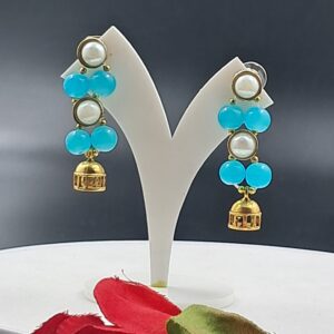 Handcrafted Blue Beaded Jhumka Earrings with Pearl & Gold Finish – EABE0011