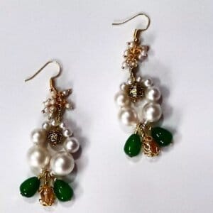 Handcrafted white and green beaded drop earrings with gold-toned accents-EABE0004