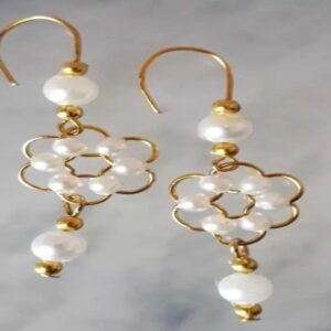Elegant Pearl Flower Drop Earrings – Handmade Gold-Tone Beauty - EABE0018