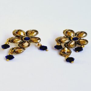 Elegant Gold-Tone Floral Earrings with Blue Crystal Danglers - EAKU0004