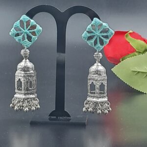 Handmade silver temple earrings with turquoise thread and mirror work, adorned with intricate carvings and dangling silver beads – EAMI0003