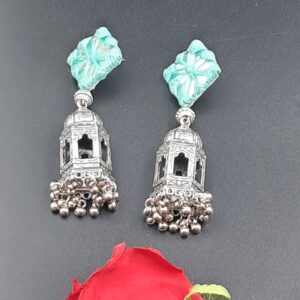 Handmade silver temple earrings with turquoise thread and mirror work, adorned with intricate carvings and dangling silver beads – EAMI0003