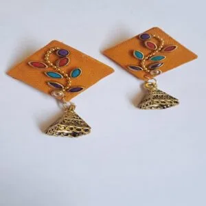 Handcrafted Yellow Fabric Earrings with Multicolor Design and Antique Bell Pendant – EAOX0003
