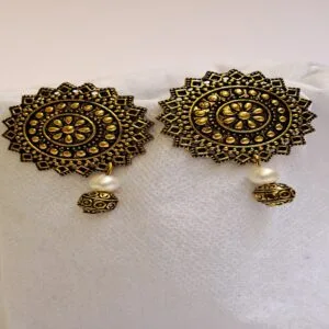 Antique Gold-Toned Stud Earrings with Pearl and Bead Drop – EAOX0004