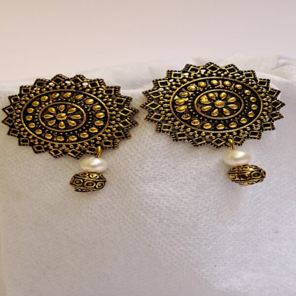 Antique Gold-Toned Stud Earrings with Pearl and Bead Drop - EAOX0004