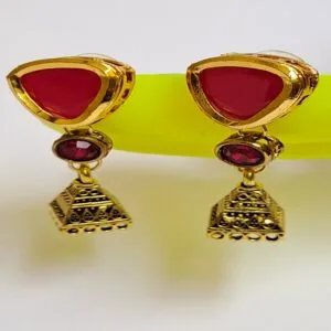 Gold-tone earrings with red triangular stones and intricate jhumka-style danglers – EAOX0008
