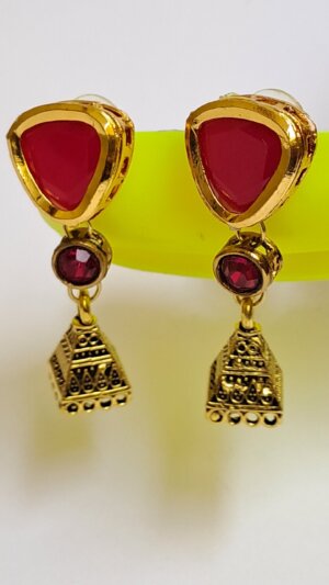 Gold-tone earrings with red triangular stones and intricate jhumka-style danglers – EAOX0008