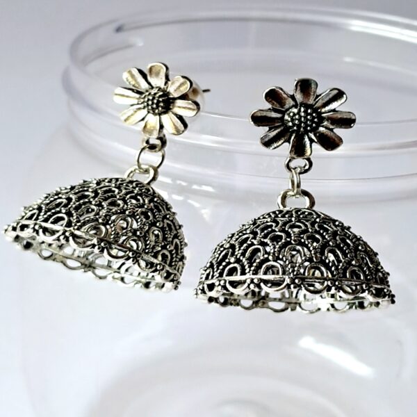 "Floral Silver-Toned Jhumka Earrings - EAOX0011