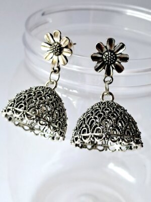 “Floral Silver-Toned Jhumka Earrings – EAOX0011