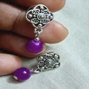 Silver toned floral earrings with purple bead – EAOX0021