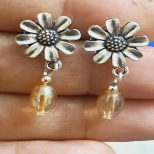 Charming Flower Stud Earrings with Amber Drop Beads – EAOX0022