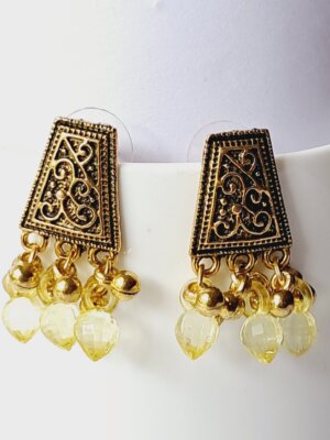 Elegant Geometric Earrings with Yellow Bead Drops – EAOX0023