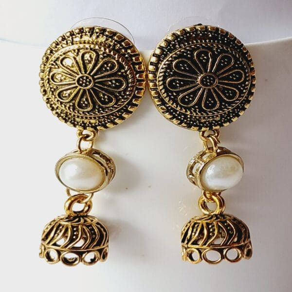 Gold-tone oxidized jhumka earrings with floral stud - EAOX0026