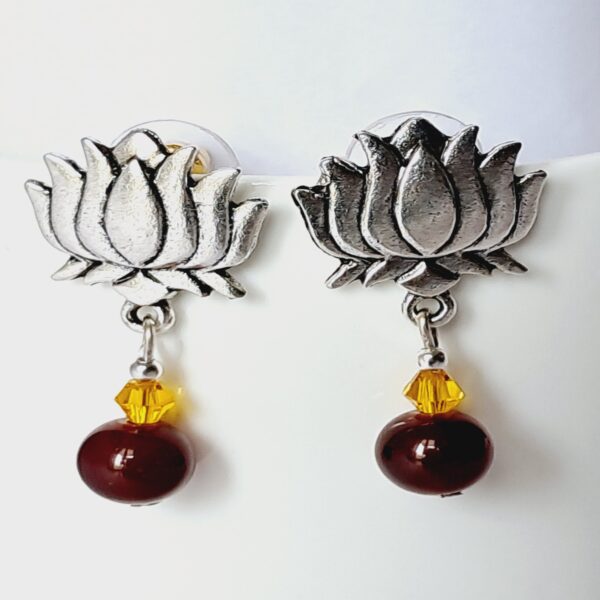 Handmade metallic lotus earrings with yellow crystal and maroon bead danglers - EAOX0028