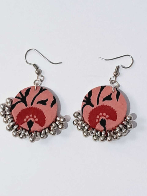 Handcrafted Peach & Black Fabric Earrings with Silver Beads - EAFA0013