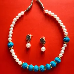 Handcrafted Pearl Bead Necklace Set with Blue Thread Beads – JSBE0013