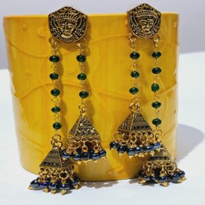 Antique Gold-Toned Jhumka Earrings with Beaded Chains – EAOX0033