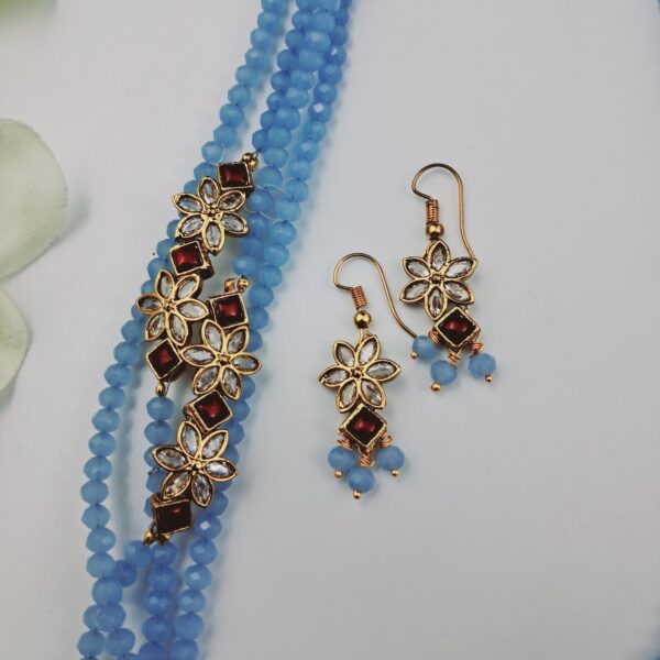 Elegant Blue Beaded Layered Necklace Set with Floral Kundan Earrings - JSBE0025 - Image 4