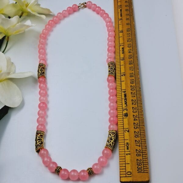 Elegant Pink Beaded Necklace with Antique Gold-Tone Accents - NEOX0009 - Image 2