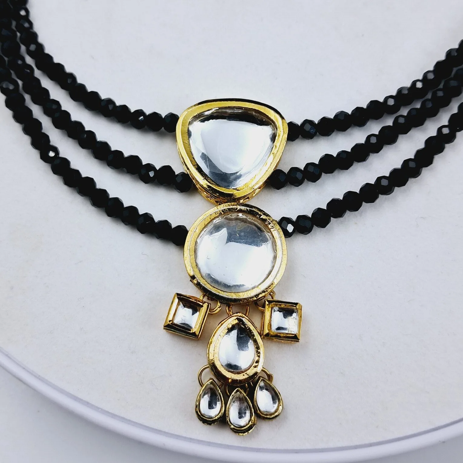 Triple-Layered Black Beads Necklace with Gold-Tone Kundan Pendant - NEKU0003 - Image 2