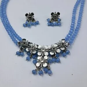 Oxidized Floral Necklace Set with Dual Blue Beads and Dangling Charms – JSBE0026