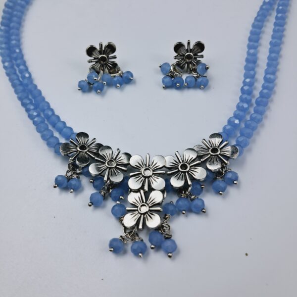 Oxidized Floral Necklace Set with Dual Blue Beads and Dangling Charms - JSBE0026 - Image 2