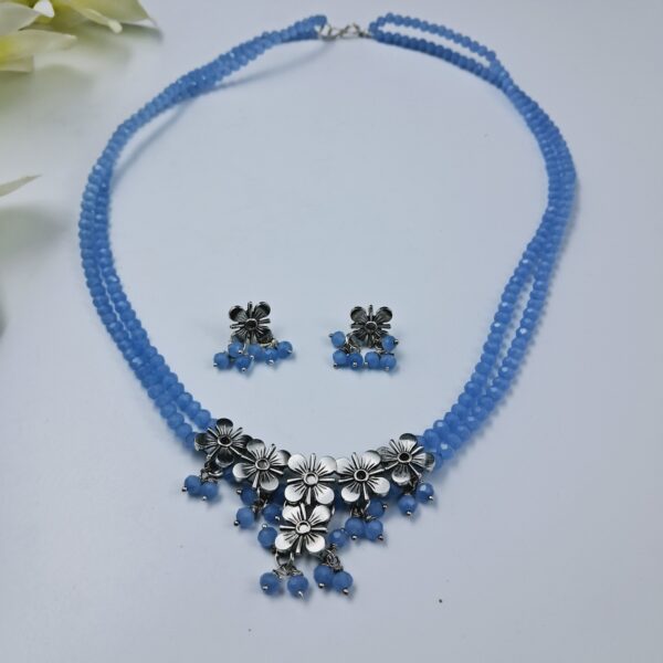 Oxidized Floral Necklace Set with Dual Blue Beads and Dangling Charms - JSBE0026 - Image 3