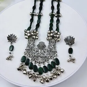 Oxidized Silver Temple Necklace Set with Green Beads & Lotus Earrings- JSBE0015