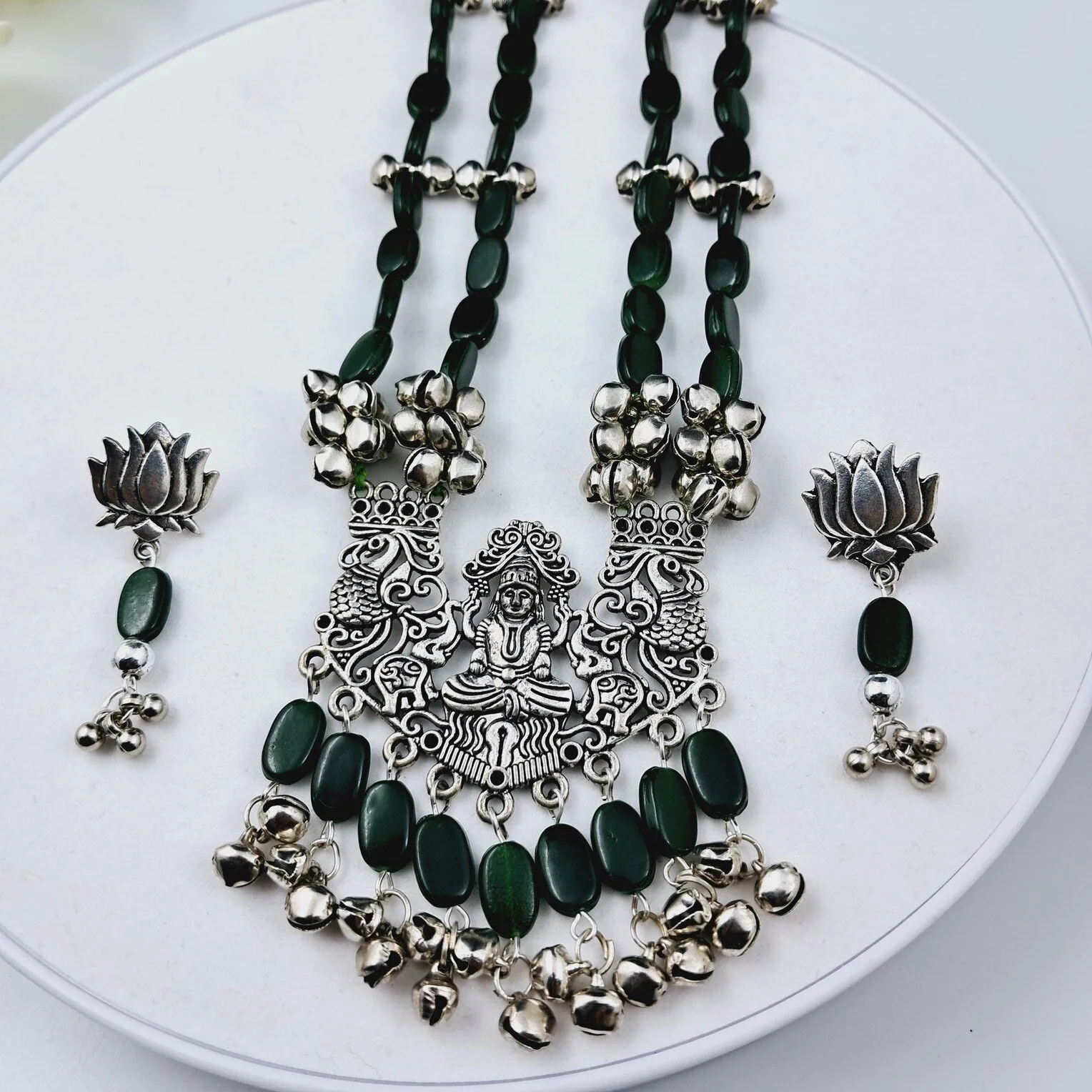 Oxidized Silver Temple Necklace Set with Green Beads & Lotus Earrings- JSBE0015 - Image 2