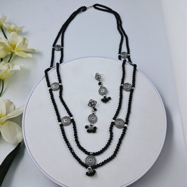 Triple Layered Black Bead Oxidized Necklace Set with Circular Motifs - JSOX0015 - Image 2