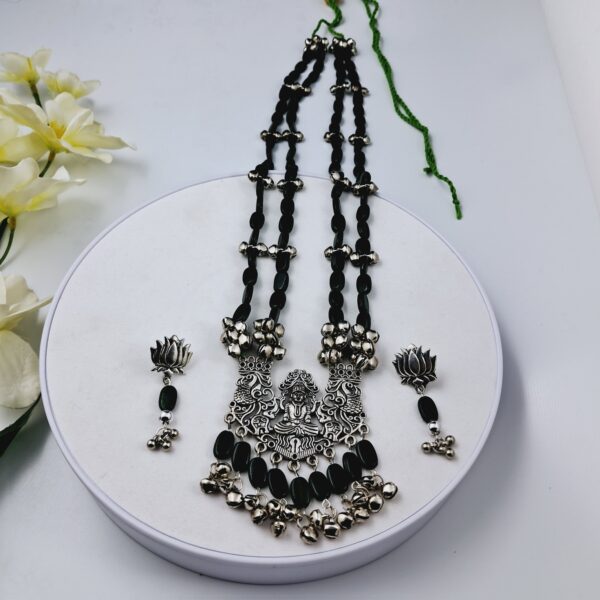 Oxidized Silver Temple Necklace Set with Green Beads & Lotus Earrings- JSBE0015