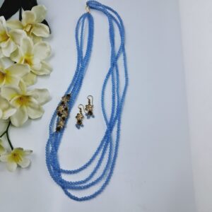 Elegant Blue Beaded Layered Necklace Set with Floral Kundan Earrings - JSBE0025