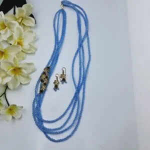Elegant Blue Beaded Layered Necklace Set with Floral Kundan Earrings – JSBE0025
