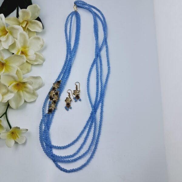 Elegant Blue Beaded Layered Necklace Set with Floral Kundan Earrings - JSBE0025
