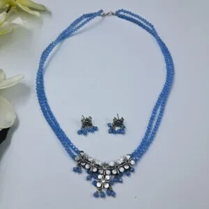 Oxidized Floral Necklace Set with Dual Blue Beads and Dangling Charms – JSBE0026