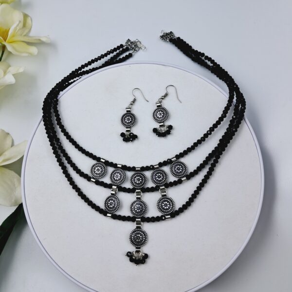 Triple Layered Black Bead Oxidized Necklace Set with Circular Motifs - JSOX0015
