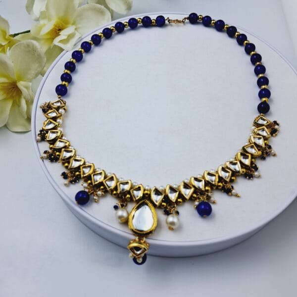 Royal Kundan Necklace with Navy Blue and White Beads - NEKU0002