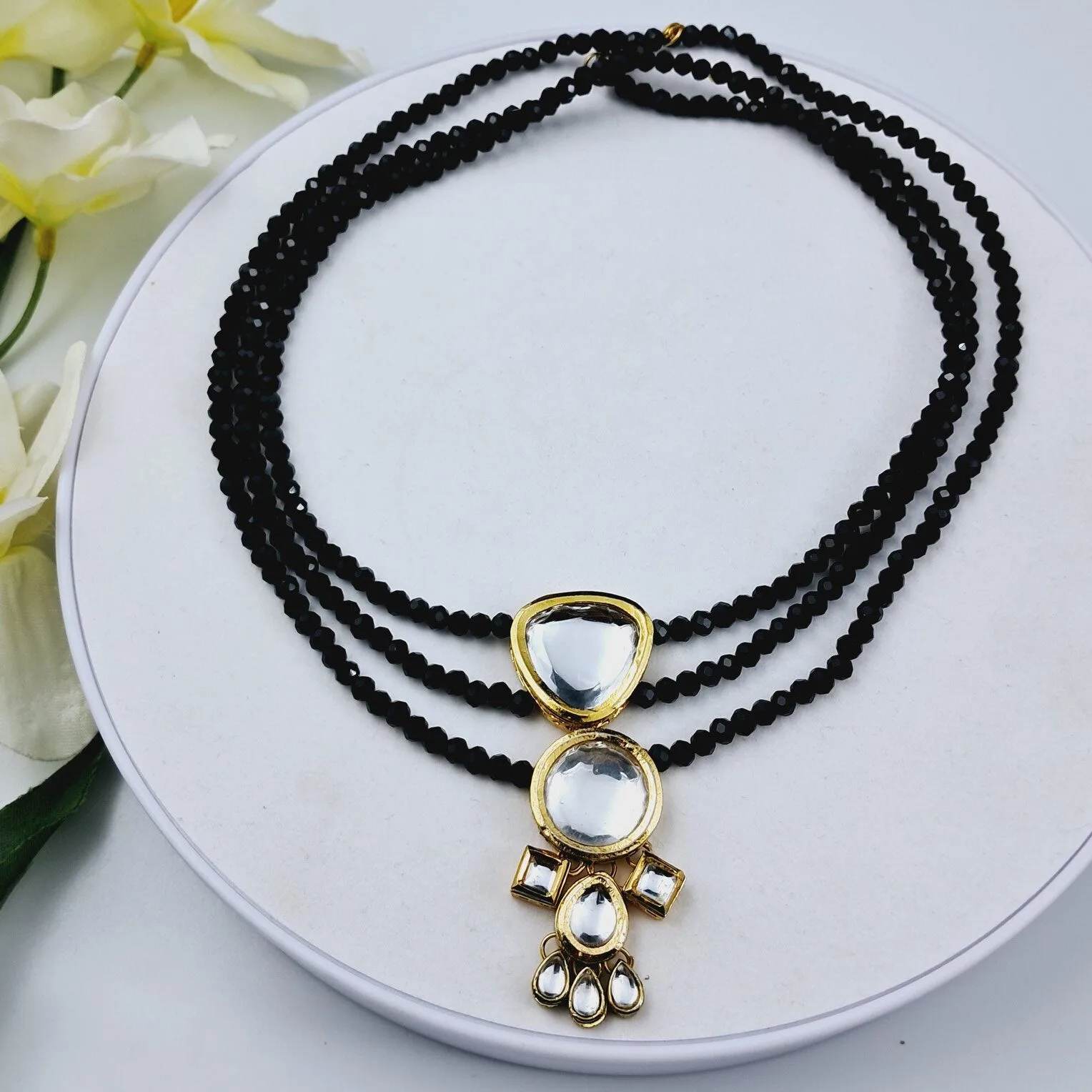 Triple-Layered Black Beads Necklace with Gold-Tone Kundan Pendant - NEKU0003