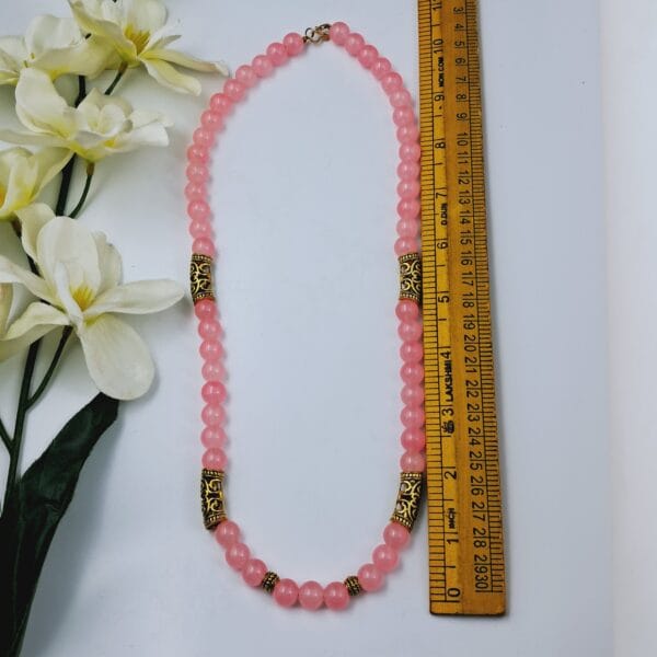 Elegant Pink Beaded Necklace with Antique Gold-Tone Accents - NEOX0009