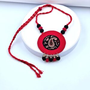 Handcrafted Red & Black Fabric Pendant Necklace with Paisley Motif -NEFA0001