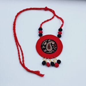 Handcrafted Red & Black Fabric Pendant Necklace with Paisley Motif -NEFA0001