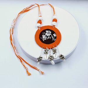 Handcrafted Orange Fabric Necklace with Floral Motif and Shell Charms- NEFA0002