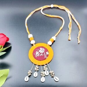 Handcrafted Orange Fabric Necklace with Floral Motif and Shell Charms- NEFA0002