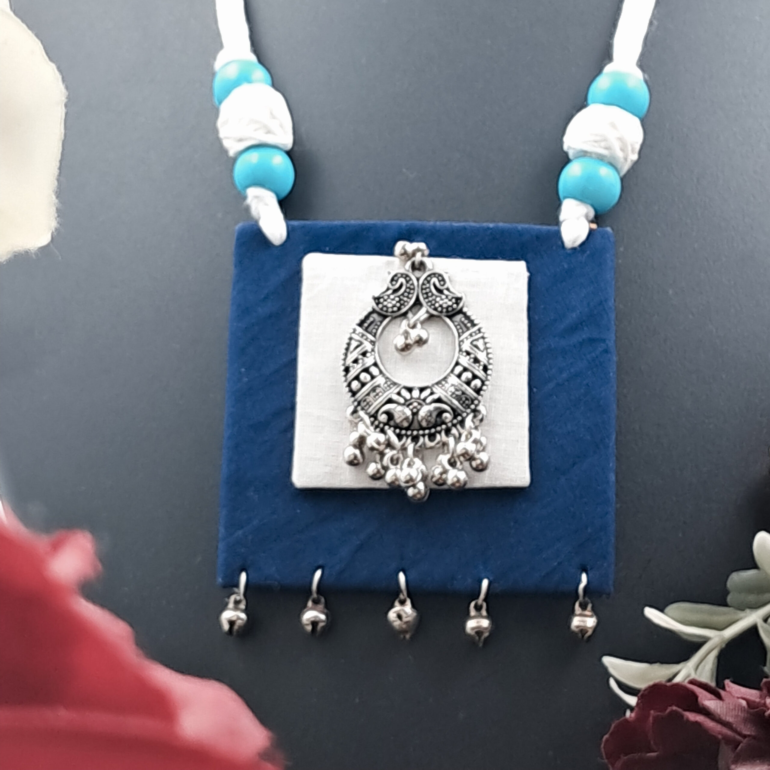 Handcrafted Blue & White Fabric Pendant Necklace with Silver Oxidized Charm - NEFA0003 - Image 3