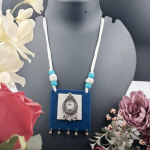 Handcrafted Blue & White Fabric Pendant Necklace with Silver Oxidized Charm – NEFA0003