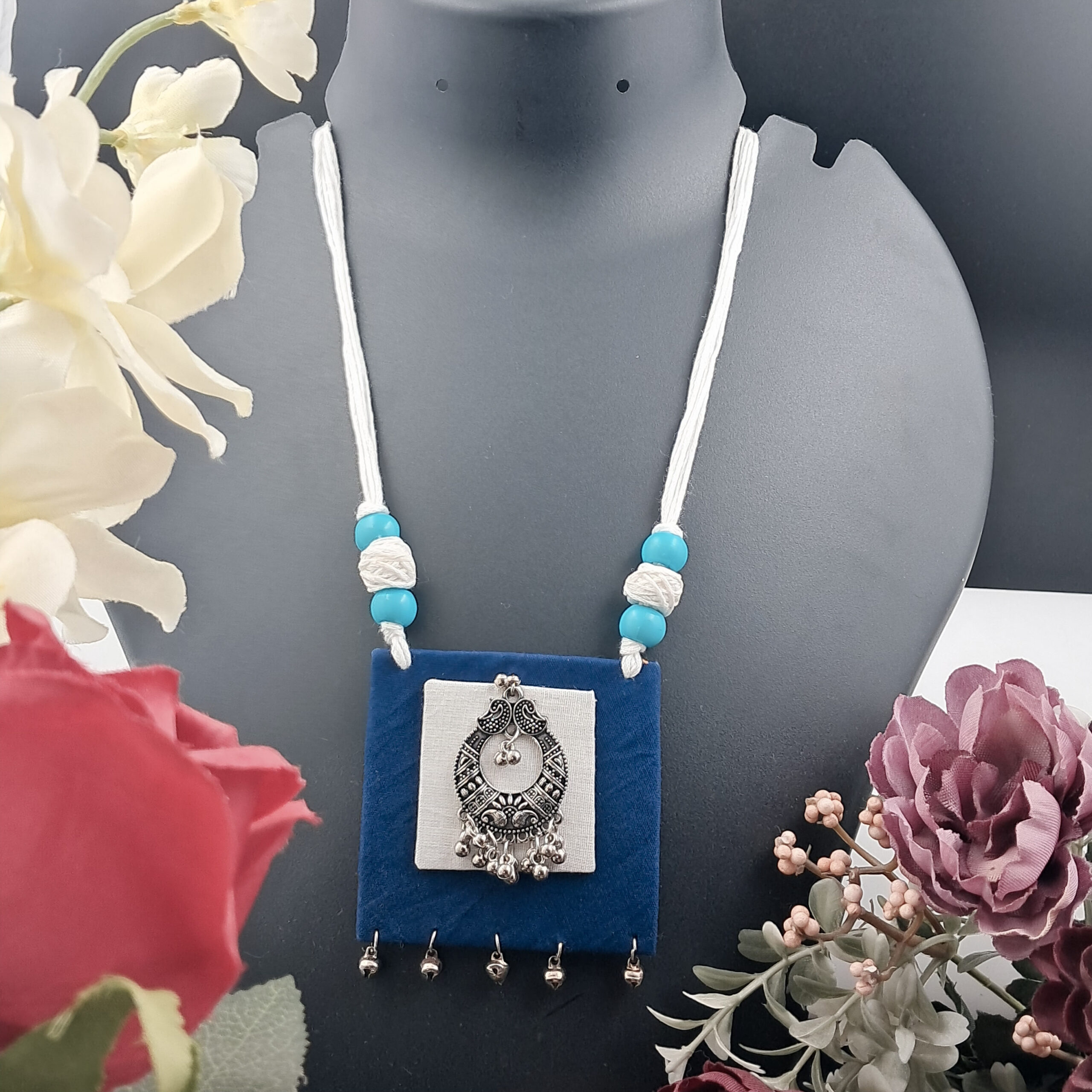Handcrafted Blue & White Fabric Pendant Necklace with Silver Oxidized Charm - NEFA0003