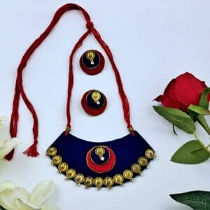 Handcrafted Coin Motif Fabric Necklace Set – Red & Navy Blue-JSFA0017